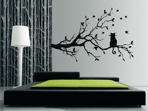 Cat sitting on Large Branch with birds Wall Art