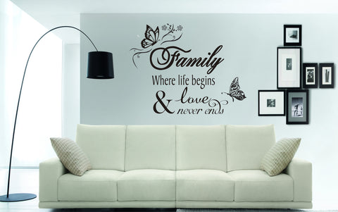 Family where life begins & love never ends Wall Art Sticker (100cm wide x 70cms deep)