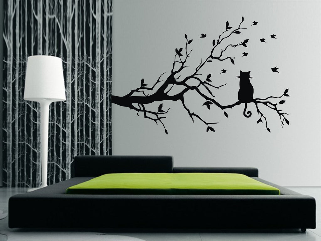 cat on branch wall decal