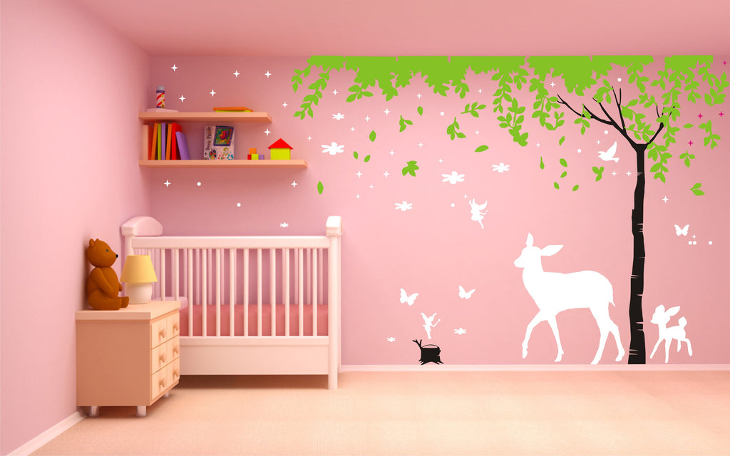 Fairies, Tree and Deer Wall Art - Full Length Wall Design